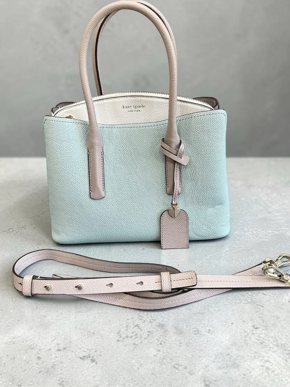 Kate Spade Margaux Medium Pebbled Cloud Mist Leather Satchel Gray Accents